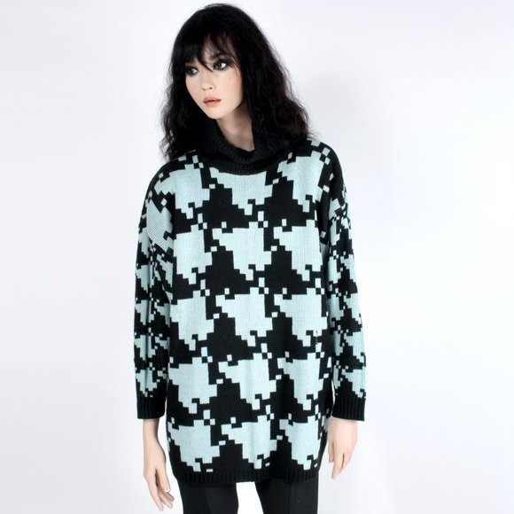 OS Vintage 90s Stefano Teal Black Oversize Houndstooth Sweater New Wave 80s - Picture 2 of 9